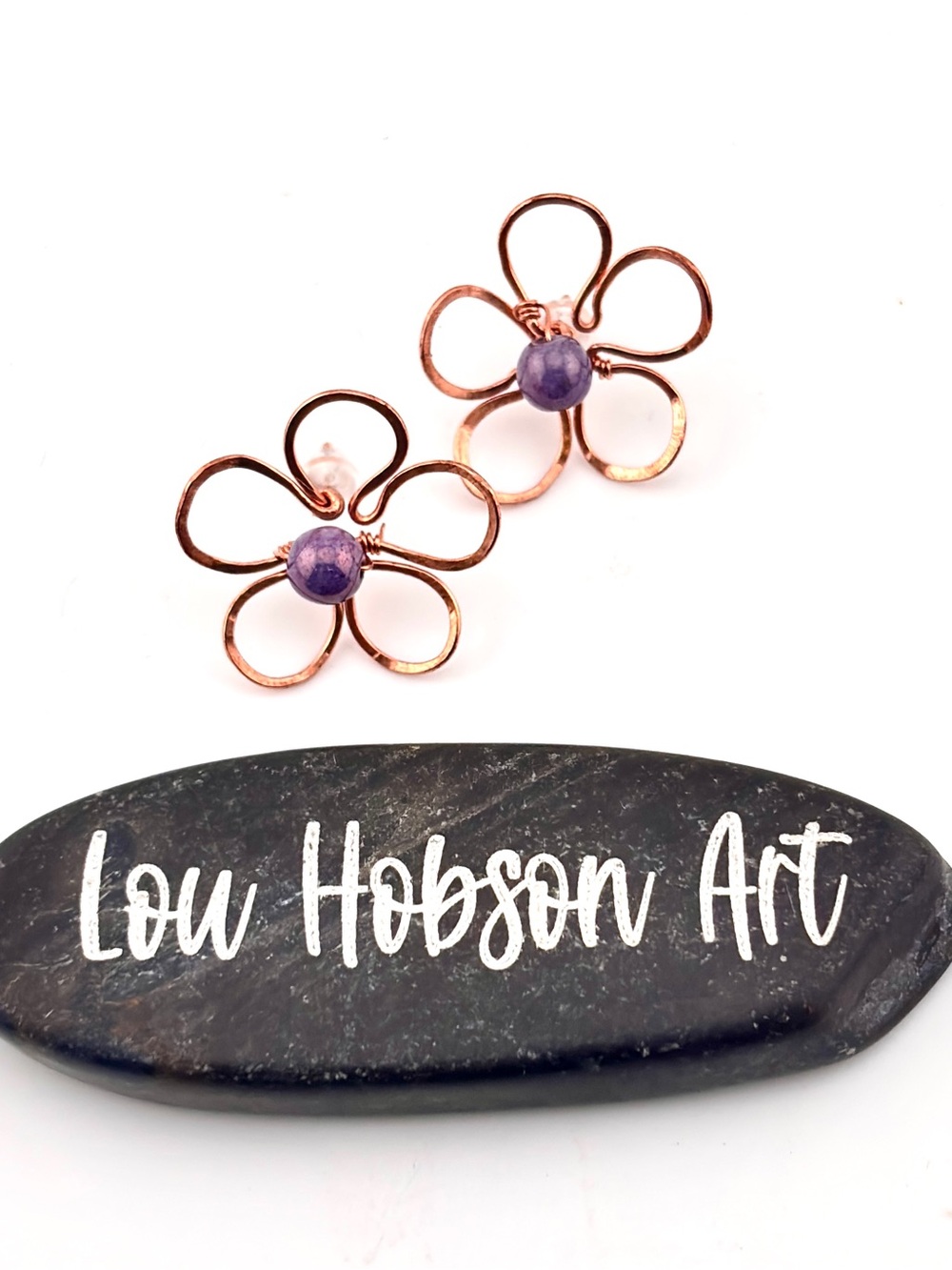 HANDMADE Copper and Bead Flower Stud Earrings, Artisan Jewelry Gift for Her